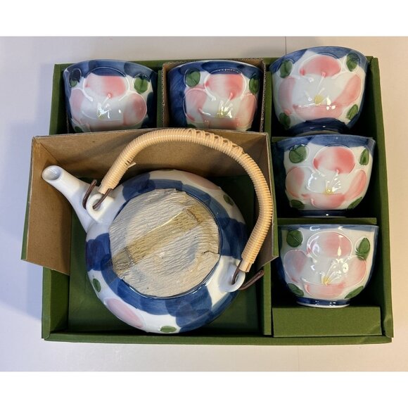 Arita Porcelain Hand Painted Cobalt Blue Pink Oarita Teapot With Lid 5-Cups NIB - Picture 1 of 16